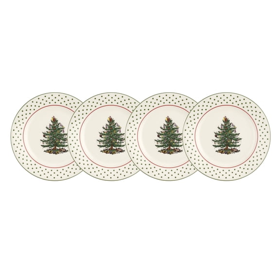 Spode Christmas Tree Polka Dot Dessert Plate (Set of 4) - Festive 8-Inch Stoneware Plates for Holiday Entertaining, Appetizers, Snacks - Microwave, Dishwasher, Freezer Safe Party Appetizer Dishes