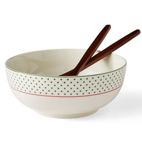 Spode Christmas Tree Polka Dot Serving Bowl & Wooden Servers - Set of 3 - Hand Painted Earthenware 10" Salad Bowl & Acacia Wood Servers for Pasta, Salads, Side Dishes & Holiday Entertaining