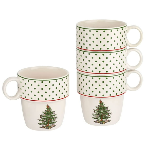 Spode Christmas Tree Polka Dot Stackable Mugs, Set of 4 - Festive 10oz for Hot Chocolate & Coffee, Space-Saving Design, Dishwasher, Microwave, Freezer Safe - Fine Earthenware Holiday Mugs