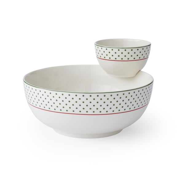 Spode Christmas Tree Polka Dot Tiered Chip and Dip Serving Set - 2-Piece Versatile Snack Platter for Holiday Entertaining - Stylish Polka Dots - Porcelain, Dishwasher, Microwave, Freezer Safe