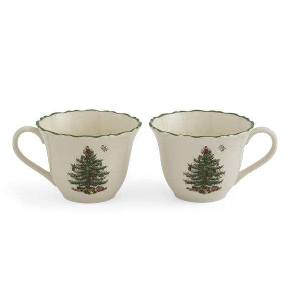 Spode Christmas Tree Punch Cups - Set of 2 Holiday Mugs for Espresso, Tea, Coffee - 8 Oz Porcelain Cups with Scalloped Rim, Christmas Design - Microwave & Dishwasher Safe