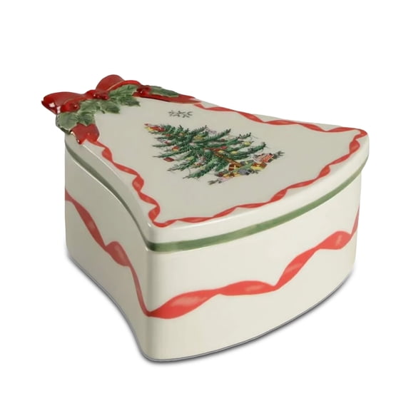 Spode Christmas Tree Ribbon Bell Shaped Box with Lid, 2" H x 5.3" L - Festive Porcelain Dish - Decorative Holiday Storage for Candy, Cookies, Trinkets & Collectibles - Holiday Kitchen Decor