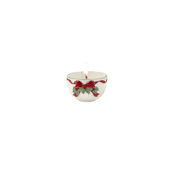 Spode Christmas Tree Ribbons Tea Light Candle Holder, 22K Gold Accents on Fine Earthenware, 3.75" Votive Candle Holder & Festive Holiday Decor - Ideal for Christmas Table Centerpieces