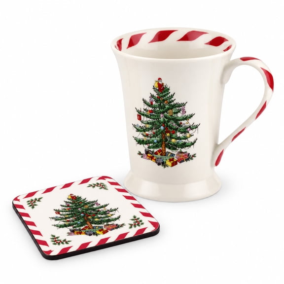 Spode Christmas Tree S/2 Mugs And Coasters Set (Peppermint)