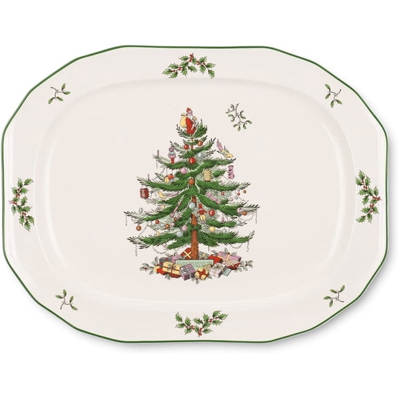 Spode Christmas Tree Sculpted Octagonal Platter - 14-Inch Holiday Serving Platter for Meats, Cheeses, and Desserts - Dishwasher and Microwave Safe Christmas Dinnerware with Iconic Tree Design