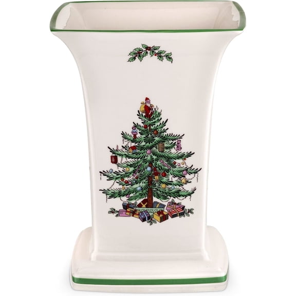 Spode Christmas Tree Square Vase, 8-Inch Festive Vase for Flowers & Holiday Decor - Fine Earthenware Centerpiece for Christmas Table, Mantle, Seasonal Floral Arrangements, Dishwasher Safe