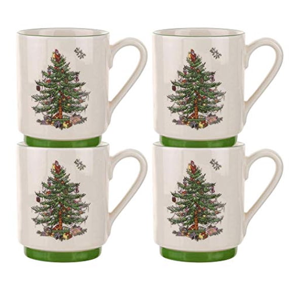 Spode Christmas Tree Stacking Mugs Set of 4 (12oz)- White and Green