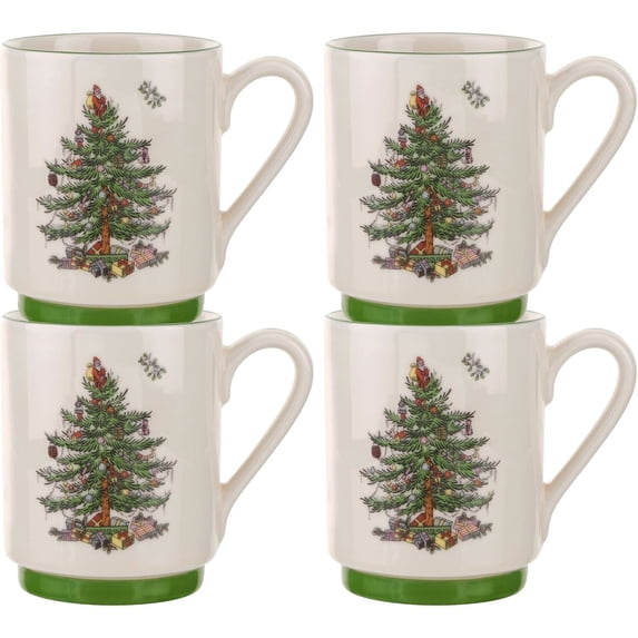 Spode Christmas Tree Stackable Mugs, Set of 4 - Festive 12oz Holiday Coffee Cups for Tea, Hot Cocoa - Fine Earthenware, Space-Saving Design, Dishwasher & Microwave Safe - Holiday Drinkware
