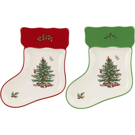 Spode Christmas Tree Stocking Dishes (Set of 2) - Red & Green Serving Platters for Cookies, Desserts, Appetizers, 7" Fine Earthenware Plates, Dishwasher Safe Holiday Tableware for Seasonal Gatherings