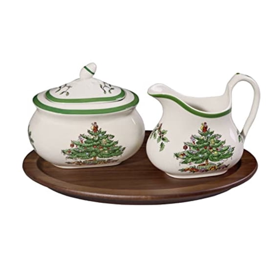 Spode Christmas Tree Sugar & Creamer Set (3-Piece) - Porcelain 16oz Sugar, 8oz Creamer Container, Wood Tray - Festive Holiday Tea & Coffee Serving Set - Dishwasher Safe Tableware for Gifting