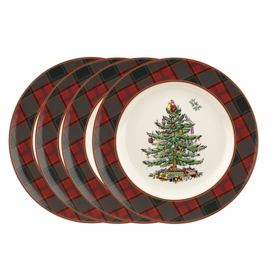 Spode Christmas Tree Tartan 10.5 Dinner Plate, Set of 4  Fine Earthenware Holiday Tableware, Rustic Plaid Border & Iconic Christmas Tree Center  Dishwasher, Microwave & Freezer Safe Holiday Gift