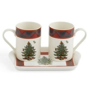 Spode Christmas Tree Tartan 10oz Mug & 8" Tray Set 3-Piece Set - Festive Porcelain Mugs with Melamine Tray, Dishwasher & Microwave Safe - Holiday Gatherings & Entertaining