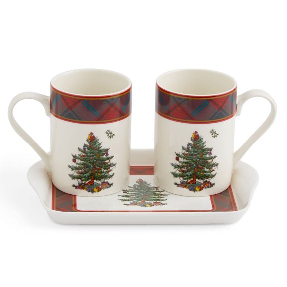 Spode Christmas Tree Tartan 10oz Mug & 8" Tray Set (3-Piece Set) - Festive Porcelain Mugs with Melamine Tray, Dishwasher & Microwave Safe - Holiday Gatherings & Entertaining