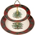 thumbnail image 1 of Spode Christmas Tree Tartan 2-Tiered Server, Holiday Cupcake Stand, Dessert Display Set, Earthenware Serving Platter, 10" & 8" Plates, Dishwasher Safe Serveware for Appetizers, Desserts, Cookies, 1 of 7