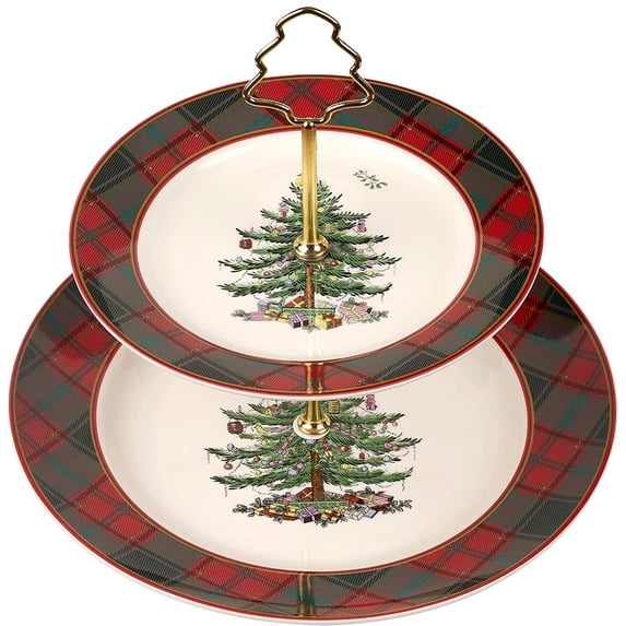 Spode Christmas Tree Tartan 2-Tiered Server, Holiday Cupcake Stand, Dessert Display Set, Earthenware Serving Platter, 10" & 8" Plates, Dishwasher Safe Serveware for Appetizers, Desserts, Cookies