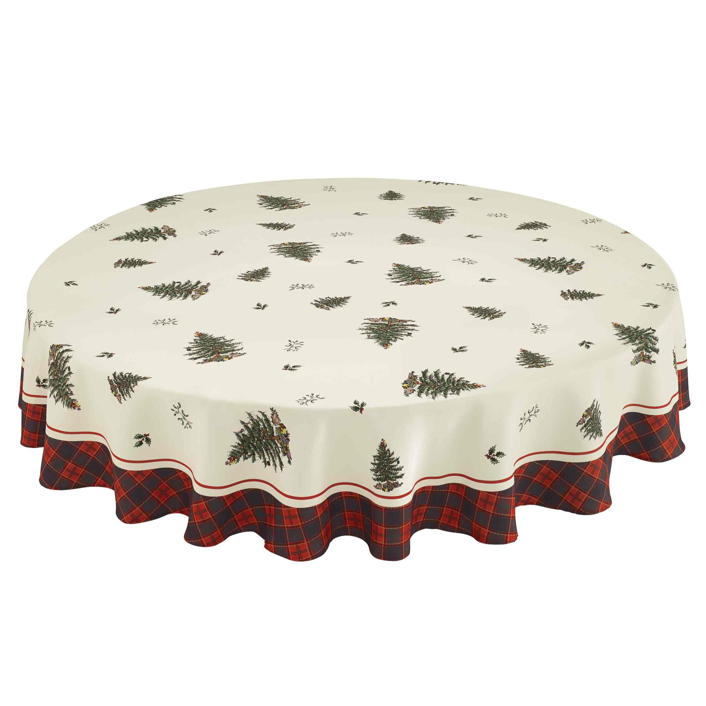 Holiday Christmas Tree Tartan Round Fabric Tablecloth