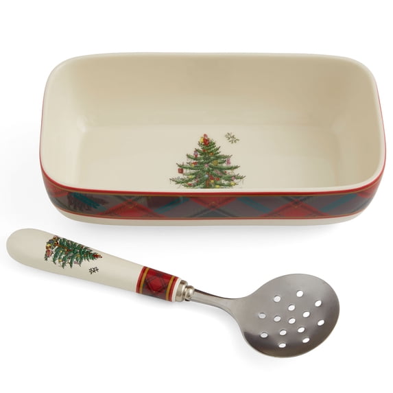 Spode Christmas Tree Tartan Cranberry Sauce Serving Dish with Slotted Spoon (8"x 4.25") - Rectangular Holiday Server with Plaid Border - Dishwasher, Microwave, Freezer Safe Serveware for Entertaining