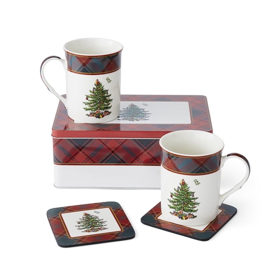 Spode Christmas Tree Tartan Mug & Coaster Set with Tin Box (5-Piece Set) - Festive Holiday Gift Set for Coffee Lovers - Elegant Porcelain Mugs and Cork-Backed Coasters - Dishwasher & Microwave Safe