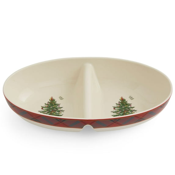 Spode Christmas Tree Tartan Divided Dish, 13-Inch Round Festive Holiday Serveware, Fine Porcelain Christmas Tableware for Dinner Parties, Holiday Entertaining - Seasonal Platters & Decorative Trays