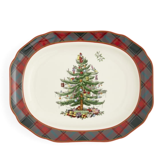 Spode Christmas Tree Tartan Rectangular Platter - 14-Inch Holiday Serving Platter for Christmas Entertaining - Traditional Tartan Plaid Design with Iconic Tree Motif - Microwave and Dishwasher Safe