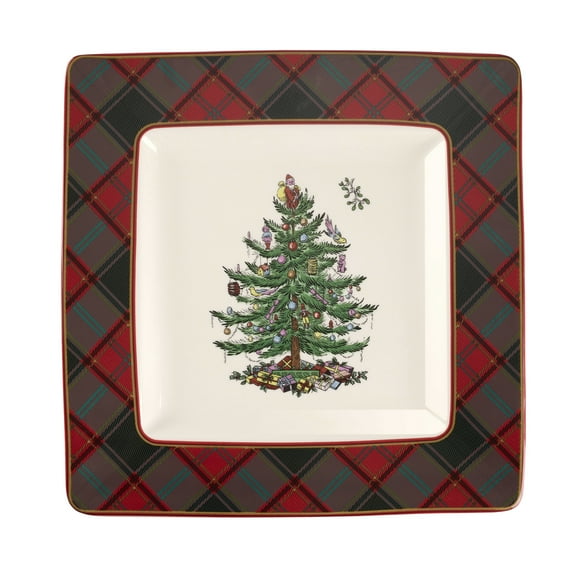 Spode Christmas Tree Tartan Square Platter - 10-Inch Holiday Serving Platter for Christmas Entertaining - Traditional Tartan Plaid Design with Iconic Tree Motif - Microwave and Dishwasher Safe
