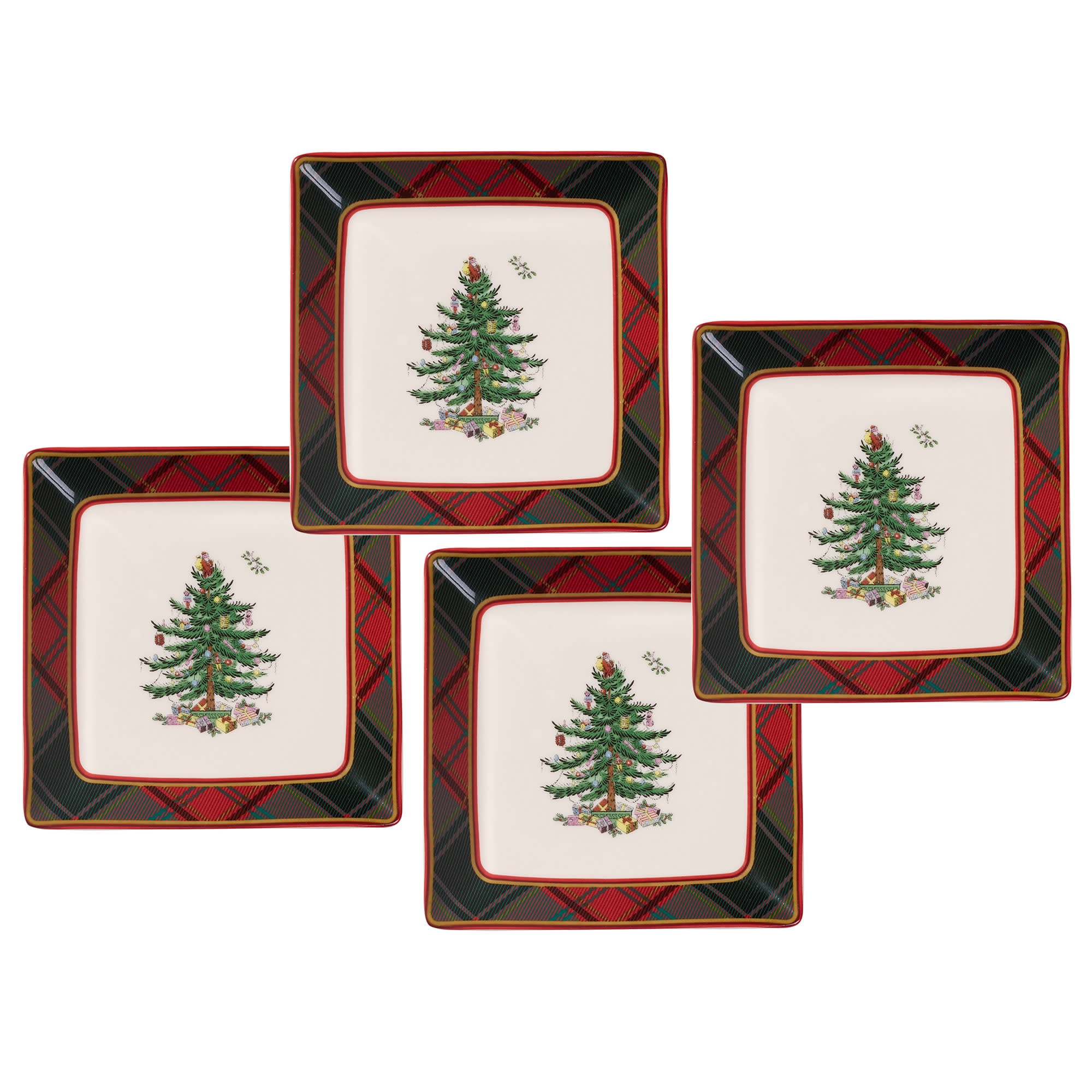 Spode Christmas Tree Tartan Square Tidbit Plates (Set of 4) - 5" Holiday Appetizer Platter for Christmas Entertaining - Traditional Tartan Plaid with Iconic Tree Motif - Microwave and Dishwasher Safe