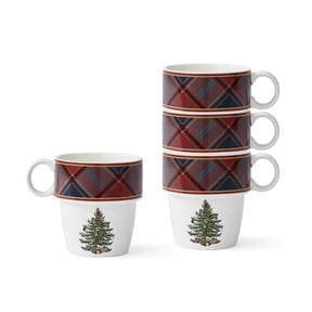Spode Christmas Tree Tartan Stacking Mugs, Set of 4 - Festive Tartan Design Coffee Cups, 10oz Earthenware Mugs for Holidays, Colorful and Fun Stackable Mugs, Great Gift for Seasonal Celebrations