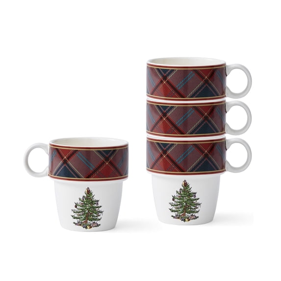 Spode Christmas Tree Tartan Stacking Mugs, Set of 4 - Festive Tartan Design Coffee Cups, 10oz Earthenware Mugs for Holidays, Colorful and Fun Stackable Mugs, Great Gift for Seasonal Celebrations