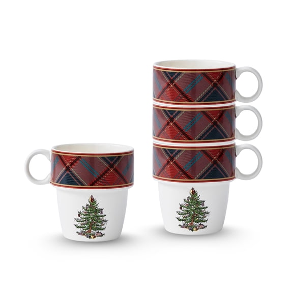 Spode Christmas Tree Tartan Stacking Mugs, Set of 4 - Festive Tartan Design Coffee Cups, 10oz Earthenware Mugs for Holidays, Colorful and Fun Stackable Mugs, Great Gift for Seasonal Celebrations
