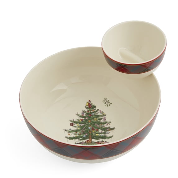 Spode Christmas Tree Tartan Tiered Chip and Dip Serving Set - 2-Piece Festive Holiday Entertaining Collection - Tartan Plaid Border, Porcelain - Dishwasher, Microwave, Oven, Freezer Safe