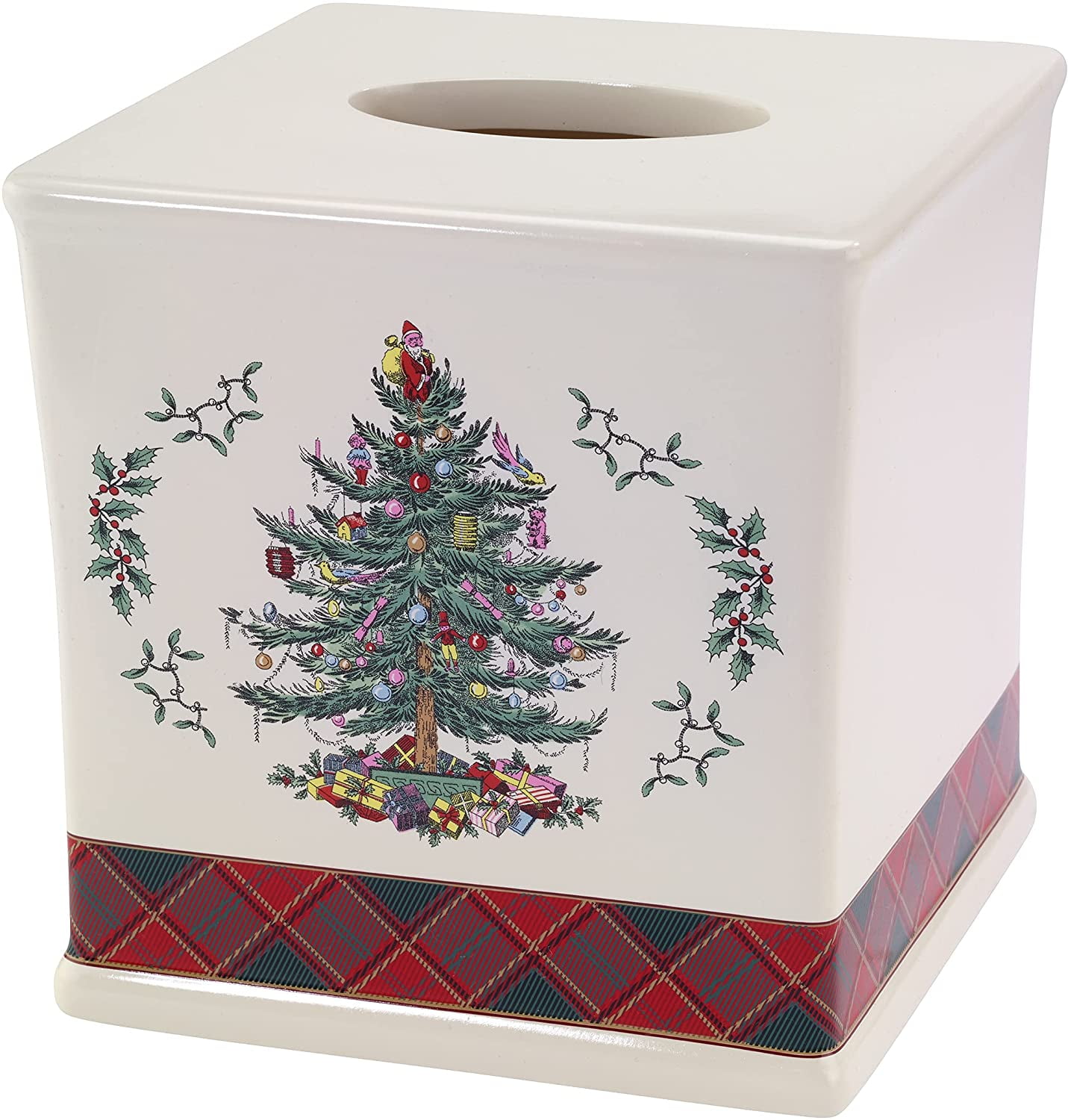 Ivory Resin Christmas Tree Tartan Tissue Box Cover