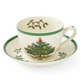 thumbnail image 1 of Spode Christmas Tree Teacup & Saucer Set - 7 Oz Earthenware Cup for Tea, Coffee, Cappuccino, Espresso - Holly & Mistletoe Holiday Accents - Holiday Collection Design for Gifting, 1 of 7