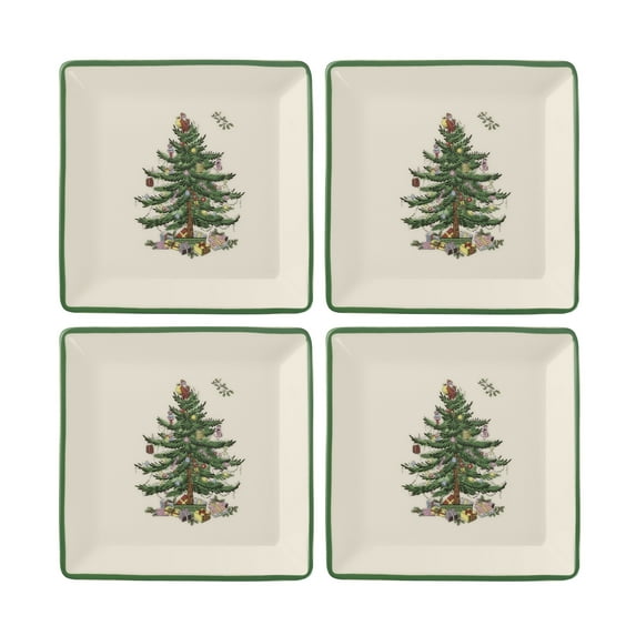Spode Christmas Tree Tidbit Square Plates (Set of 4) - Festive 5-Inch Ceramic Plates for Canapés, Sweets, and Desserts - Dishwasher, Microwave, Freezer Safe - Excellent for Holiday Entertaining