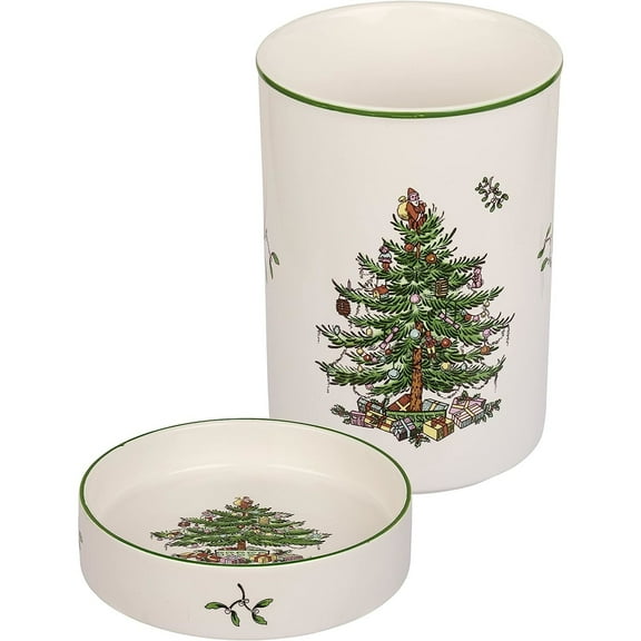 Spode Christmas Tree Wine Chiller & Coaster Set, Dishwasher, Microwave & Freezer Safe - Stoneware Wine Cooler with Festive Coaster - Hostess Gift for Holiday Entertaining