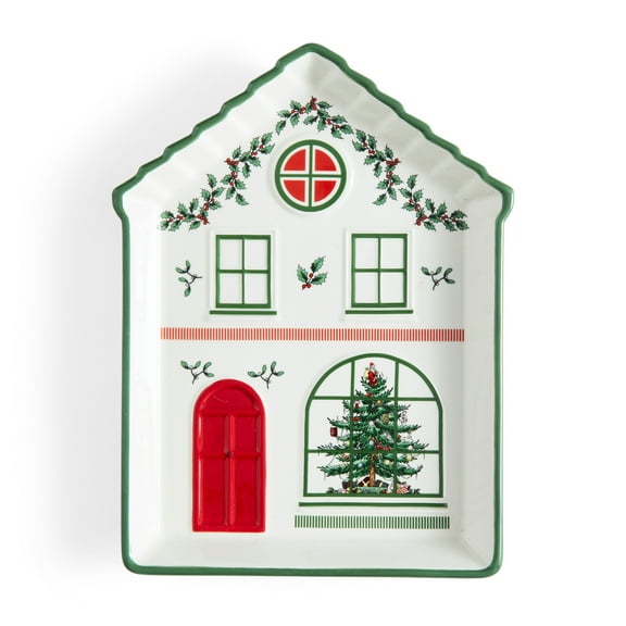 Spode Christmas Village Tidbit Plate - Dolomite Holiday Serveware with Christmas Village Design - Festive Appetizer Plates for Tidbits, Snacks, Cookies, Candy - Great Festive Gift (Green)