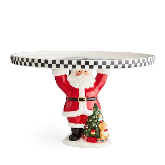 Spode Figural Santa Cake Plate - 11" Dolomite Dessert Stand with Black & White Checkered Border & Christmas Tree Motif - Festive Holiday Serveware Display Platter - Great for Serving Dessert