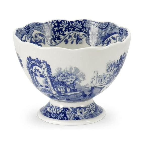 Portmeirion Blue Italian Footed Bowl, Made of Porcelain, Berries, Sweets, and Chocolate Bowl, Scalloped Edge, Measures 4.75-Inch, Dishwasher and Microwave Safe