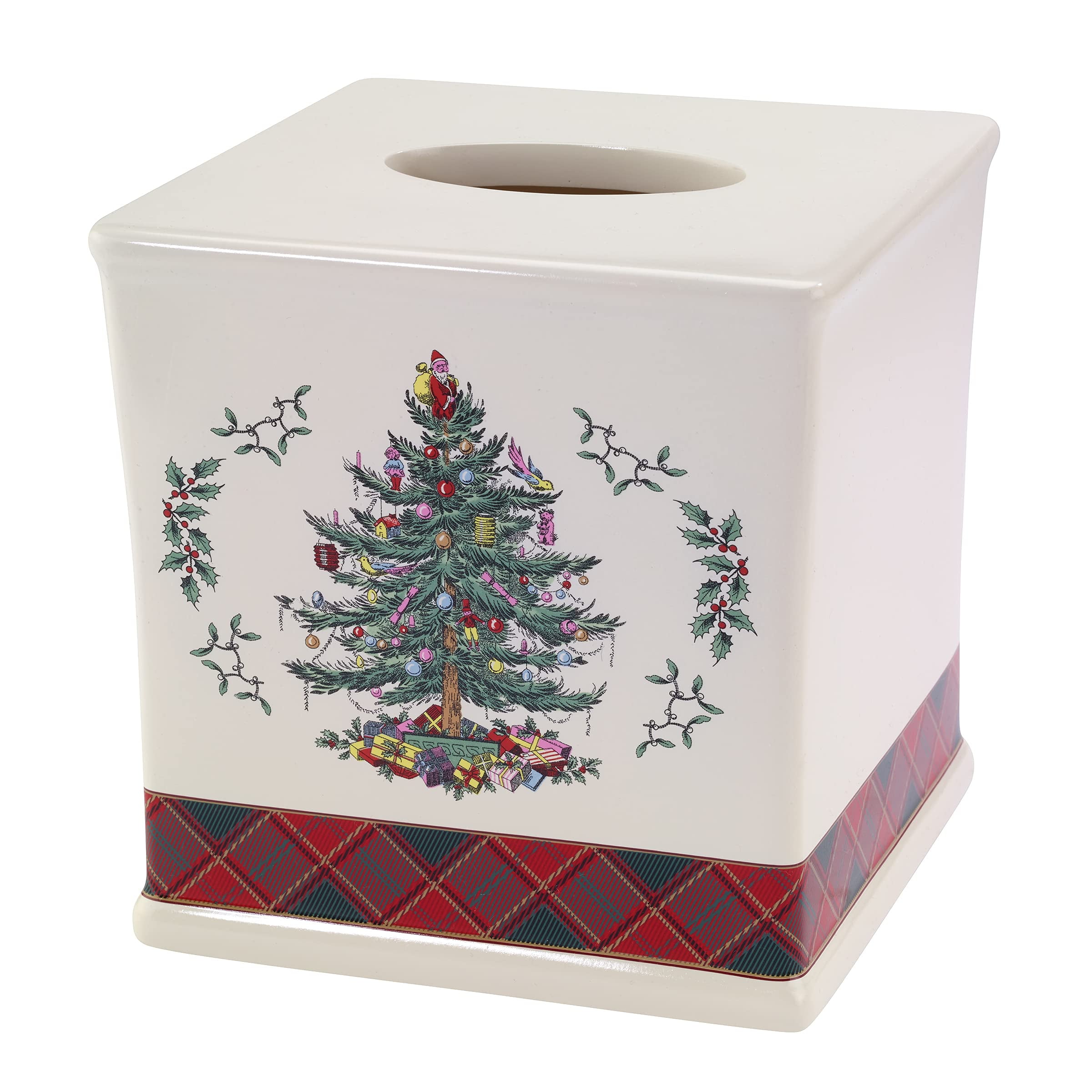 Ivory Resin Christmas Tree Tartan Tissue Box Cover