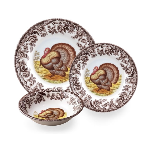Spode Woodland 3 Piece Dinnerware Set | Includes 1 Turkey Dinner Plate, Salad Plate and Cereal Bowl Each | Made in England from Fine Earthenware | Microwave and Dishwasher Safe