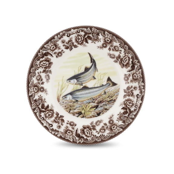 Spode Woodland Salmon Salad Plate - Country Dining Tableware, Traditional British Design with Salmon Motif, 8 Inch Porcelain Plate, Dishwasher Microwave Freezer Oven Safe