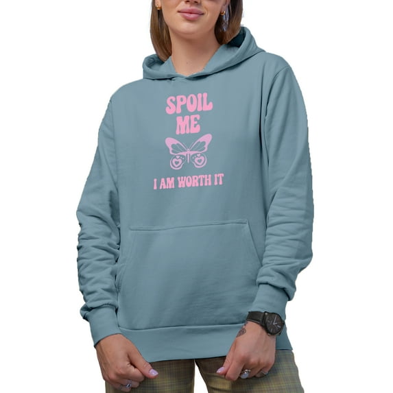 Spoil Me, I Am Worth It, Girl Quote with a Butterfly, Sassy Girls Merch Gift, Light Blue Hooded Sweatshirt or Hoodie, Small
