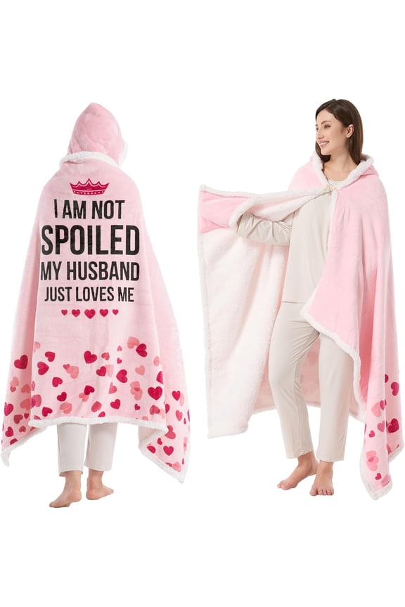 Spoiled Wife Wearable Blanket Hoodie, Valentine Mothers Day Birthday Christmas Gift for Wife, Women Her Gifts Ideas, Throw Blanket for Women Shawl Wraps Poncho Robe, 73x43 Inches, Pink