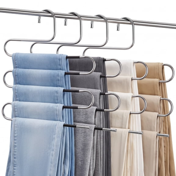 Spoito 5-Tier Pants Hangers Space Saving, Black Multi-Bend Stainless Steel Trouser Hangers, 4 Pack Clothes Rack for Closet Jeans Storage
