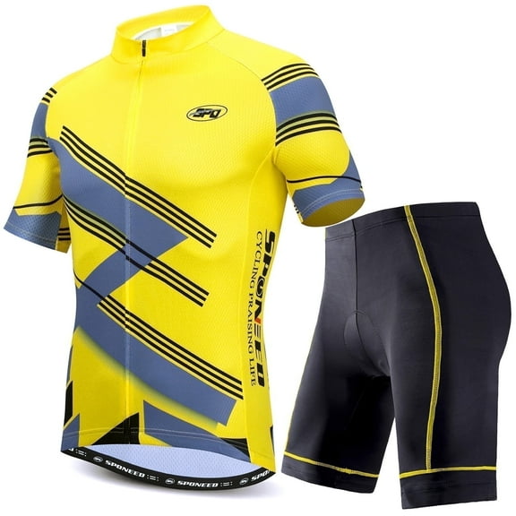 Sponeed Cycling Jersey Set Short Sleeve Bicycle Shirts for Men and Padded Road Riding Shorts Bike Outfit Yellow S