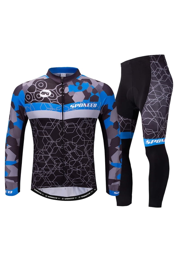 Cycling Jersey Set Men Long Sleeve Reflective Breathable Bicycling Tops Bike Riding Pants Padded Blue XL