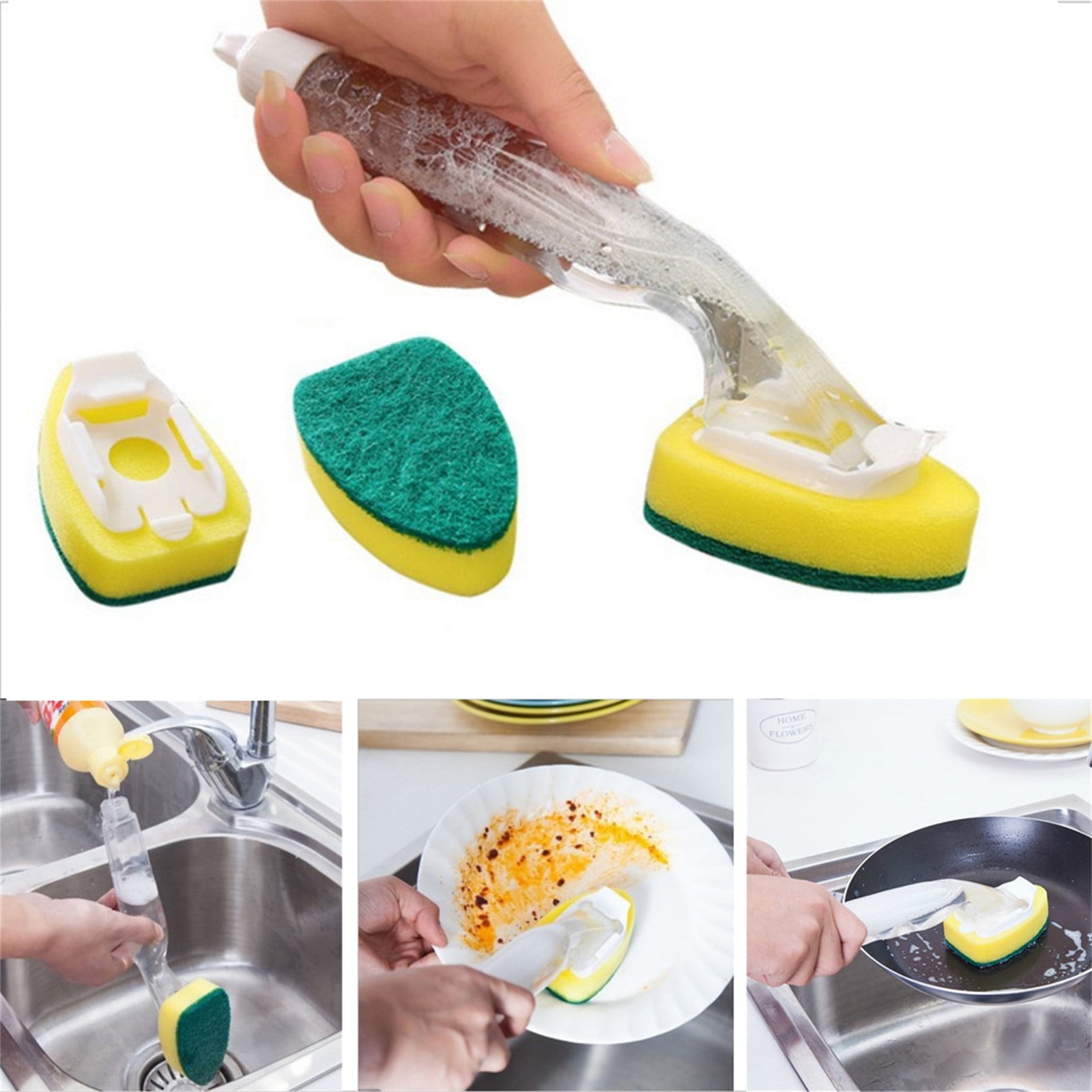 Sponge Brush Refills with Handle, Dish Wand Refill Replacement Heads Set, Soap Dispenser Scrubber, Non Scratch Nylon Bristle Dishwashing, Kitchen Sink