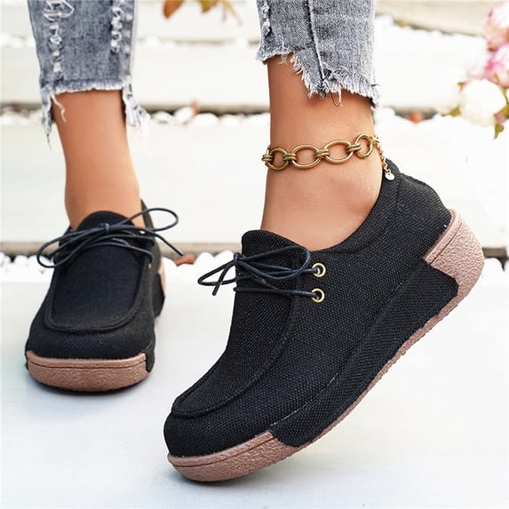 Sponge Cake Thick Soled Canvas Rocking Shoes For Women 2025 Comfortable Round Toe Lace Up Casual Single Shoes