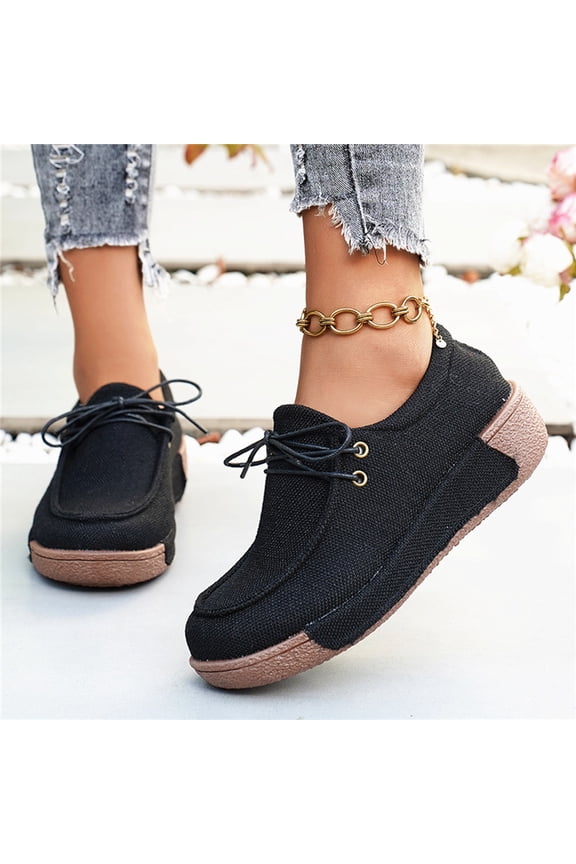 Sponge Cake Thick Soled Canvas Rocking Shoes For Women 2025 Comfortable Round Toe Lace Up Casual Single Shoes