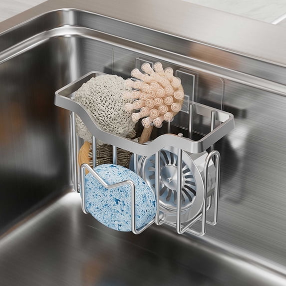 Sponge For Kitchen Sink Movable Kitchen Sink Caddy With Shape Hook Stainless Steel Hanging Sponge Caddy For Sponge Brush Sink Stopper Organizer