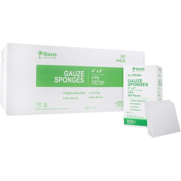 Oasis 4 x 4 inch Gauze Sponges, Lint & Latex Free, 4-Ply Absorbent Non-Woven Non-Sterile Gauze, 1 Case of 2000